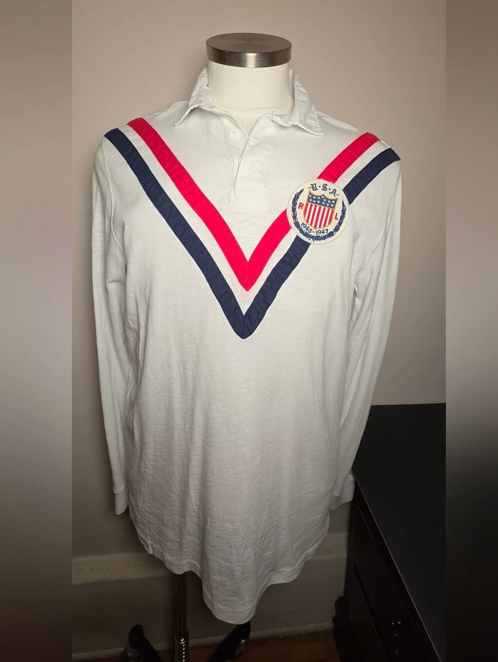 Polo by Ralph Lauren White Long-Sleeve Polo with Red & Navy V-Stripes
